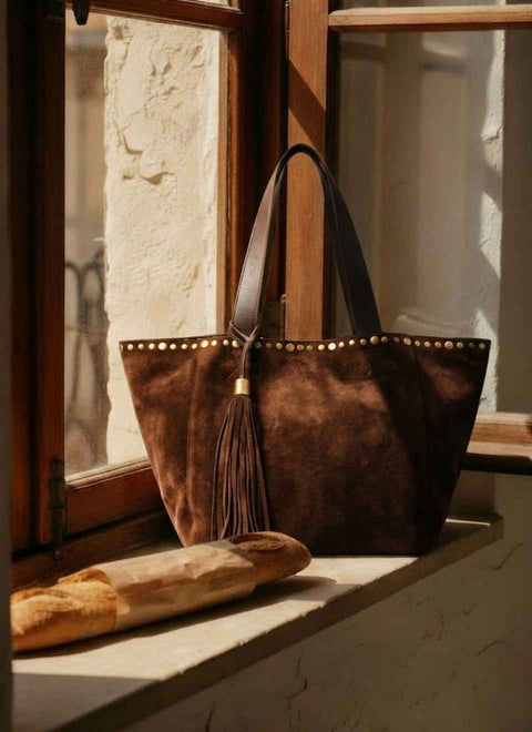 Bolso Tote Ante Marrón Tachas
