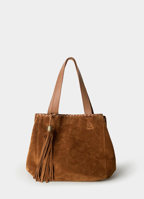 Bolso Tote Ante Marrón Chocolate Borlón