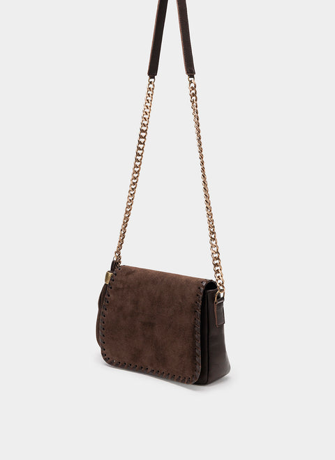 Bolso Bandolera Marrón Solapa Ante