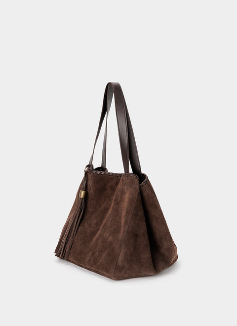Bolso Tote Ante Marrón Chocolate Borlón