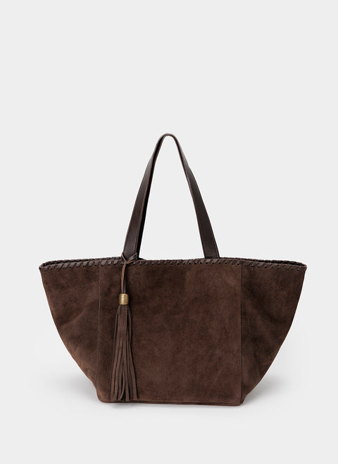 Bolso Tote Ante Marrón Chocolate Borlón