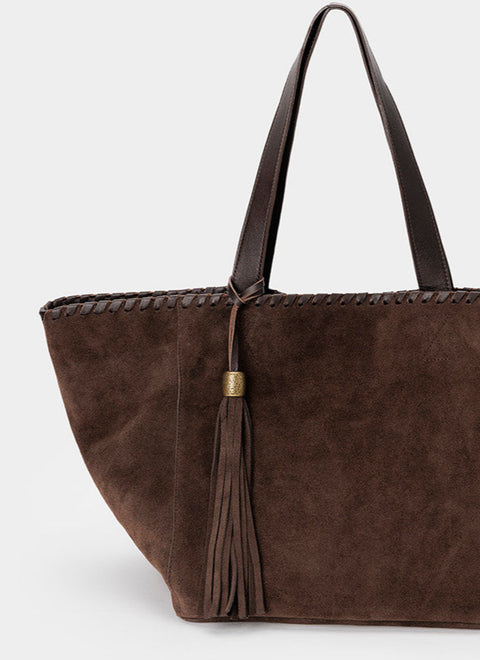 Bolso Tote Ante Marrón Chocolate Borlón