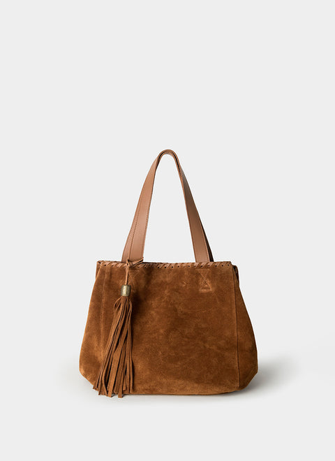 Bolso Tote Ante Coñac Borla