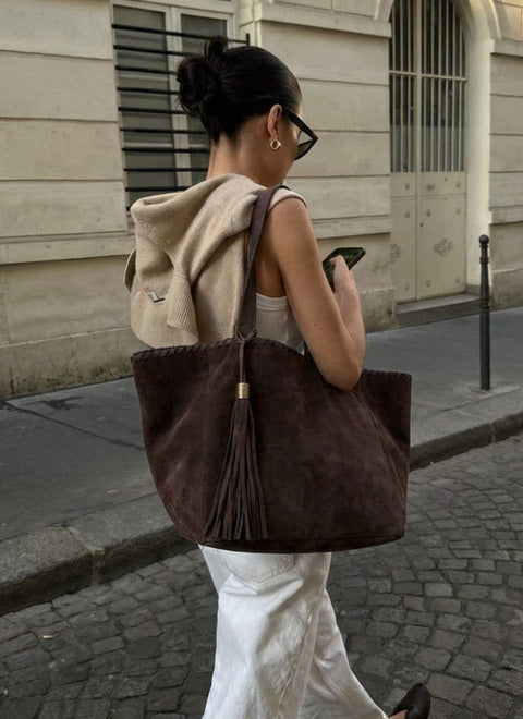 Bolso Tote Ante Marrón Chocolate Borlón