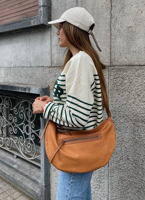 Camel Leather Half Moon Bag