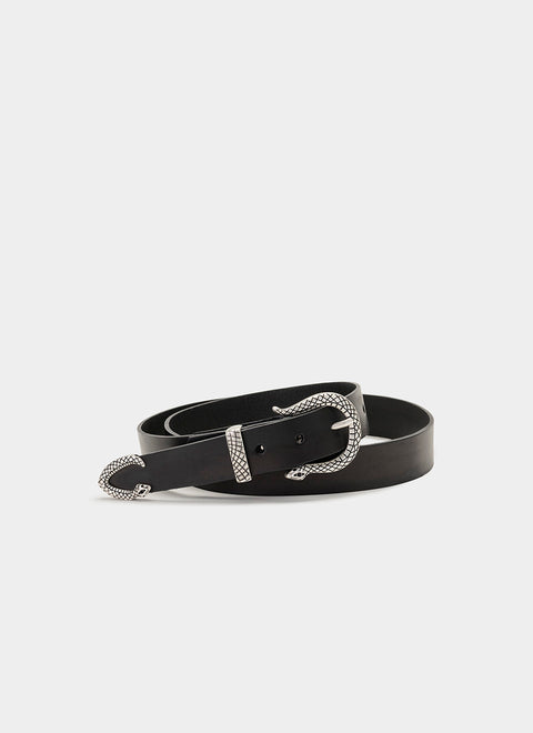 Black Leather Belt with Snake Buckle
