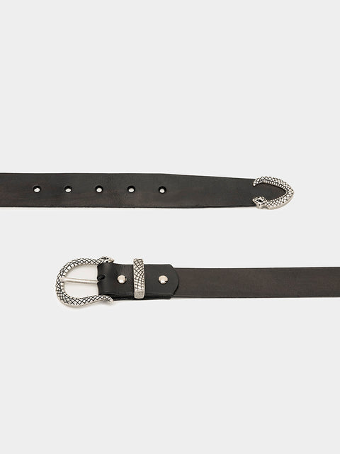 Black Leather Belt with Snake Buckle