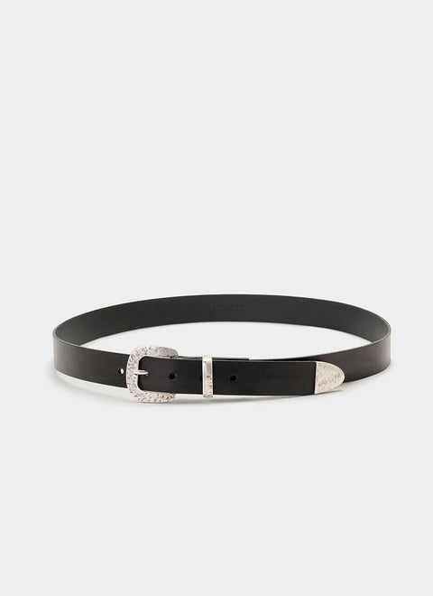 Black Leather Belt with Silver Buckle and Tip