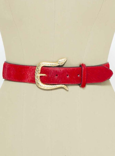 Cobra Buckle Red Fur Leather Belt